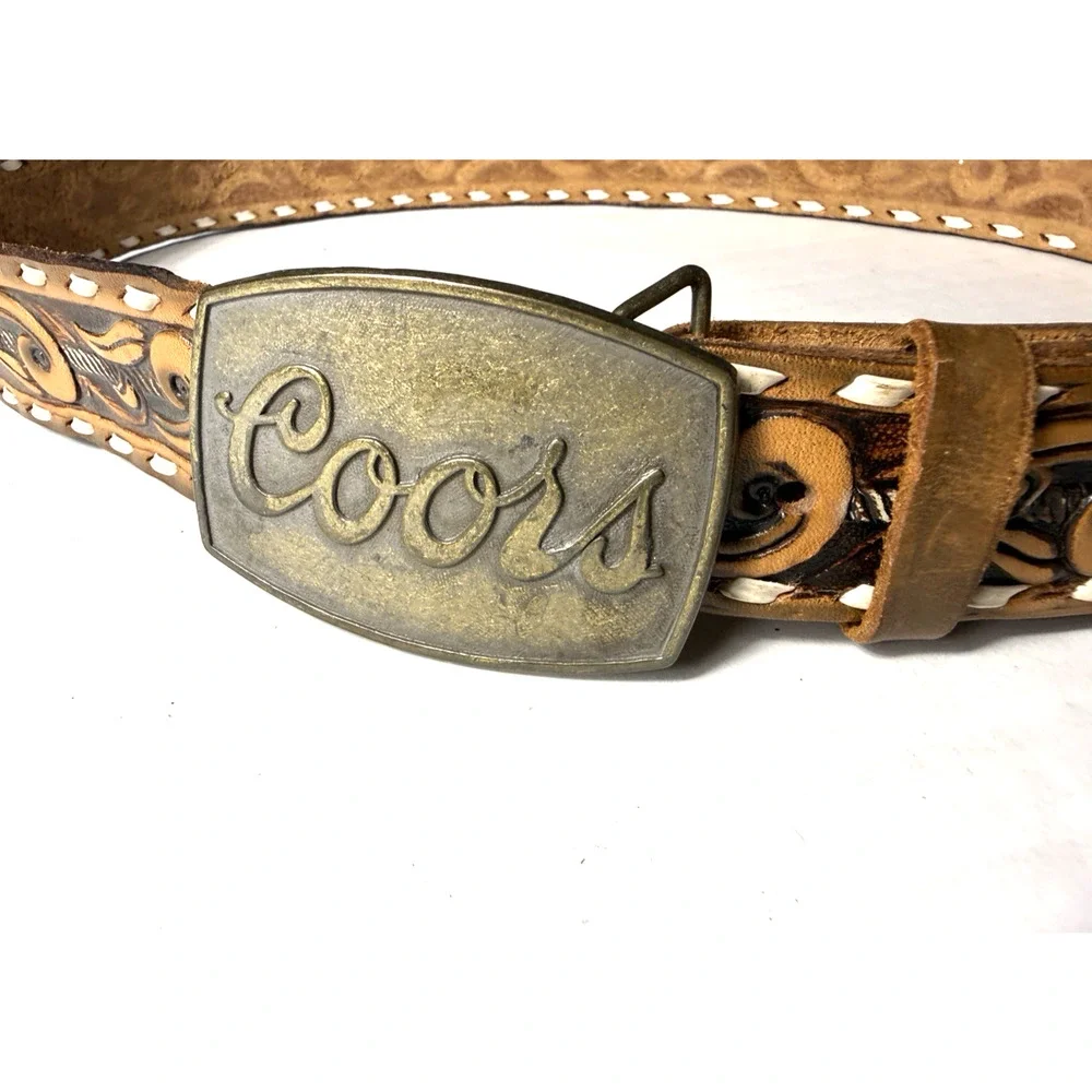 Vintage Quality Tooled Leather Belt Removable Coors Buckle Cowhide Leather 38 40